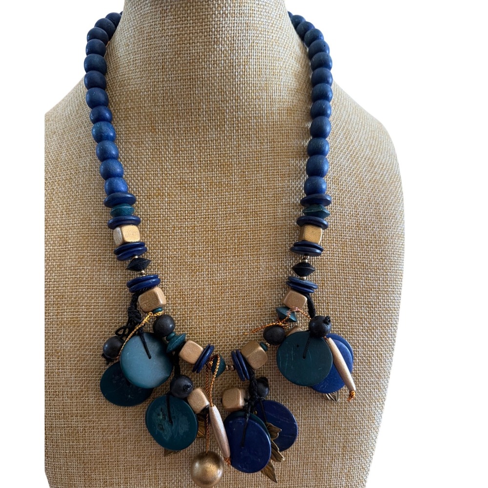 Blue Wood Bead Statement Necklace Gold Accents Boho Chunky Disc Charm Artisan